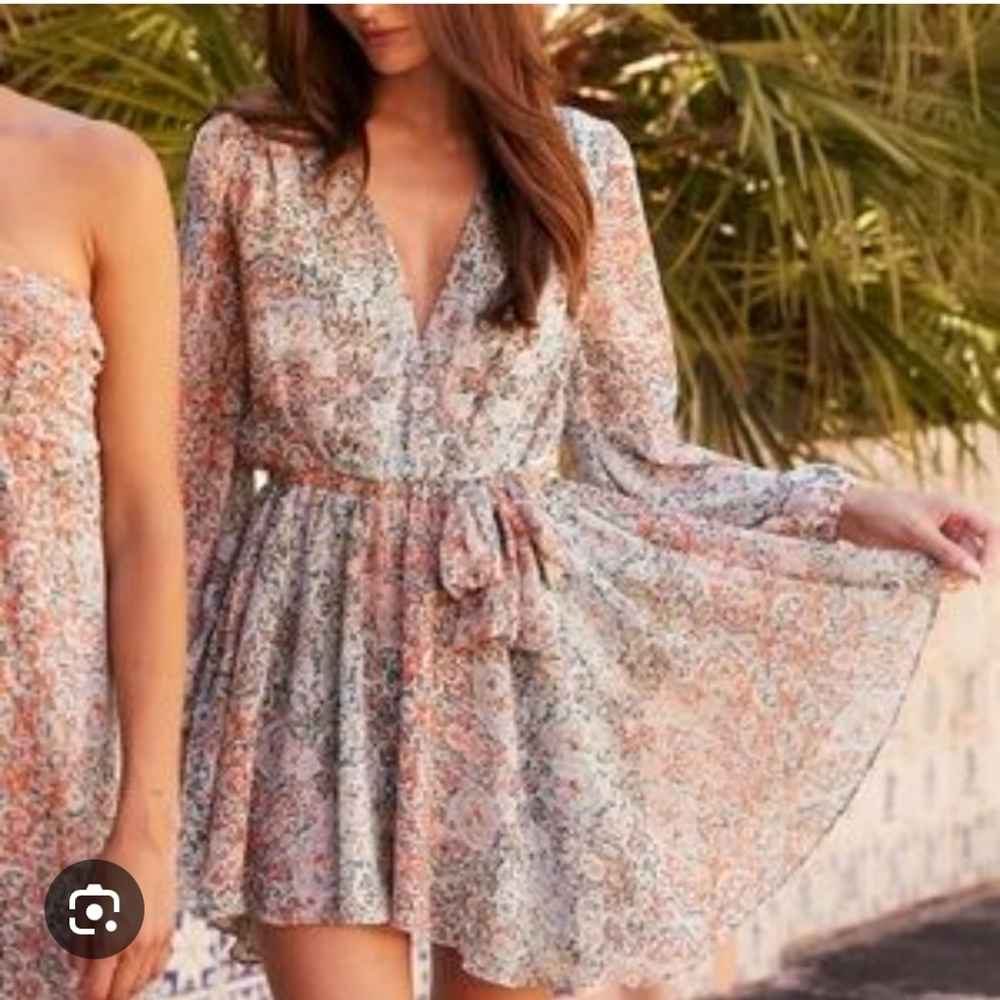 MISA Los Angeles Floral Barroco Print V Neck Long Sleeve Belted Mini Dress NWT M